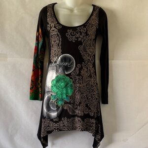 Desigual Long Sleeve Tunic Top Size XS Handkerchief Hem Floral Boho Y2K Grunge
